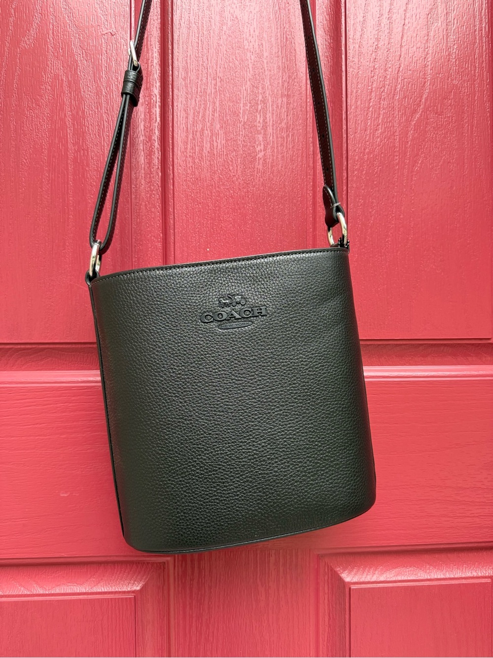 COACH Black Pebbled Leather Bucket Crossbody Bag